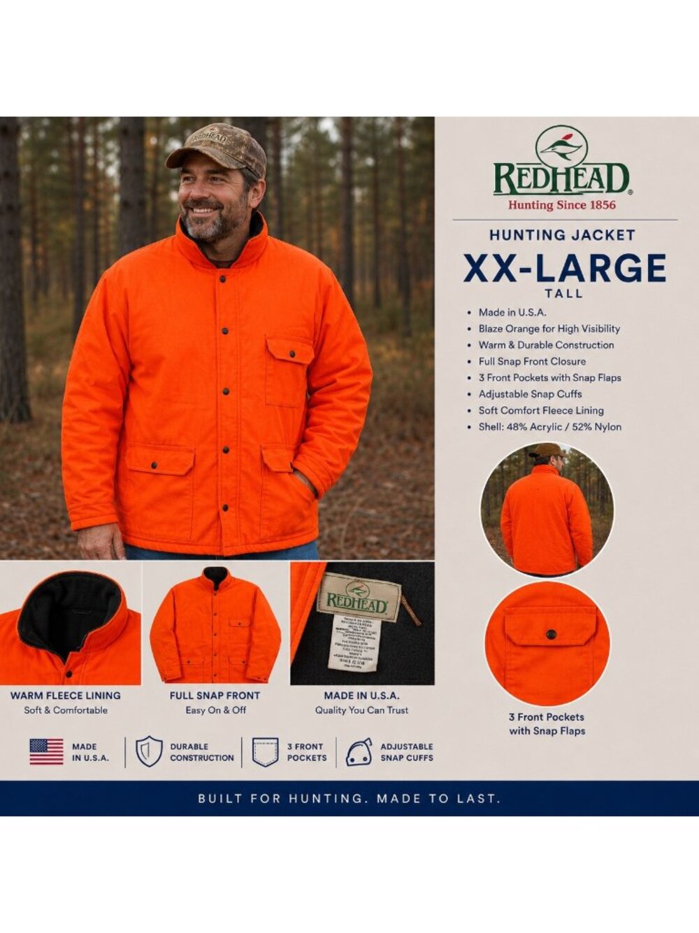 RedHead Blaze Insulated Hunting Coat Snap Button & Zip SZ XXL Tall Made in USA